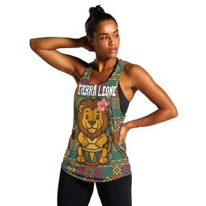 Sierra Leone Women Racerback Tank - Cute Lion Playing Djembe Drum and Tribal Pattern Design