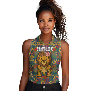Sierra Leone Women Sleeveless Polo Shirt - Cute Lion Playing Djembe Drum and Tribal Pattern Design