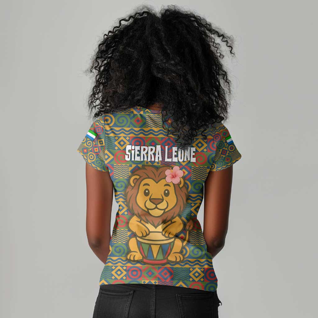 Sierra Leone Women V-Neck T-Shirt - Cute Lion Playing Djembe Drum and Tribal Pattern Design