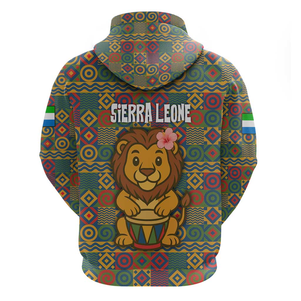 Sierra Leone Zip Hoodie - Cute Lion Playing Djembe Drum and Tribal Pattern Design