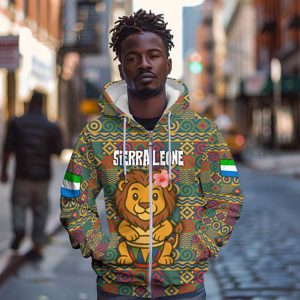 Sierra Leone Zip Hoodie - Cute Lion Playing Djembe Drum and Tribal Pattern Design