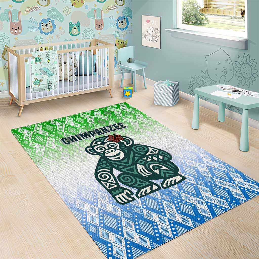 Sierra Leone Area Rug - Tribal Chimpanzee Design and Green Blue Gradient Pattern
