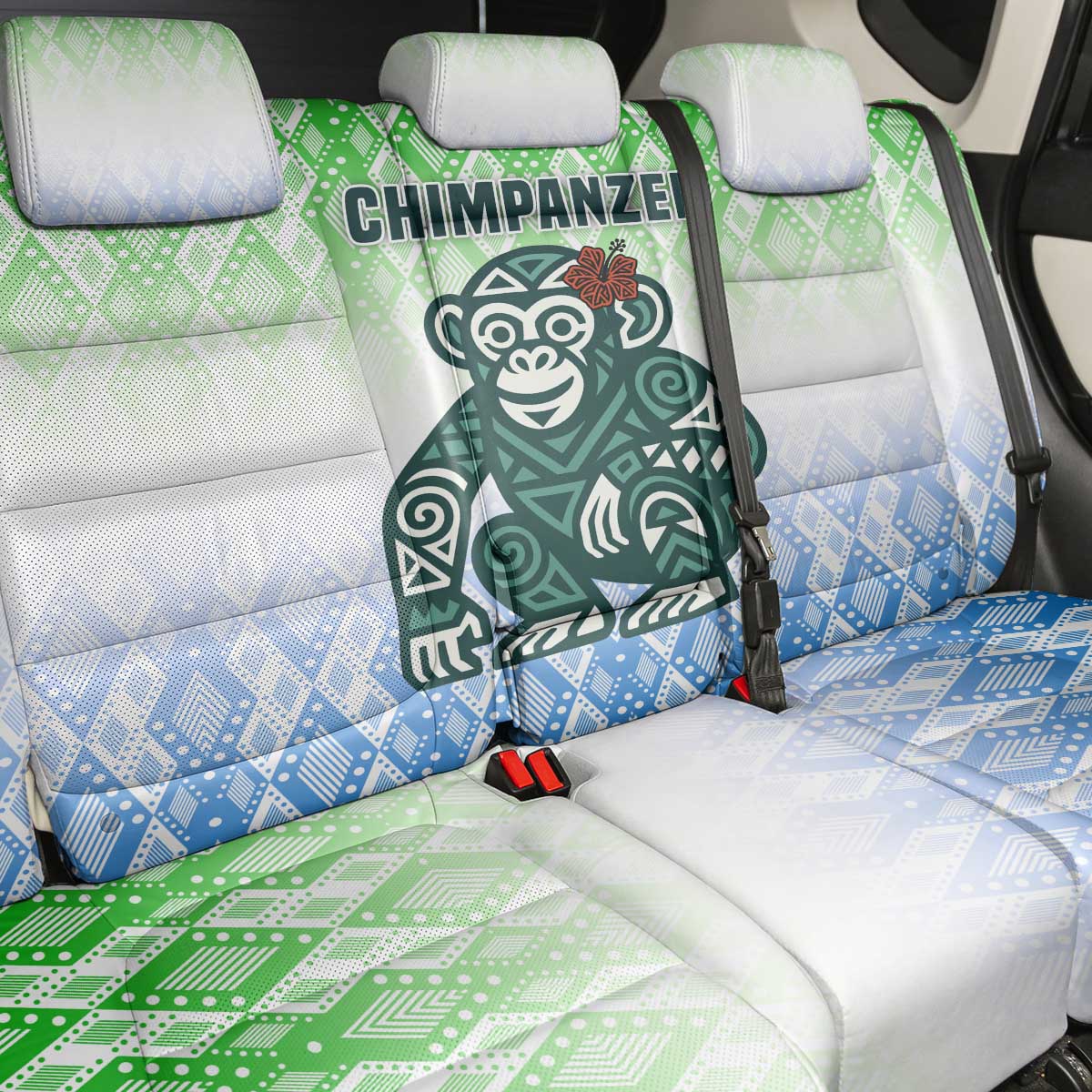 Sierra Leone Back Car Seat Cover - Tribal Chimpanzee Design and Green Blue Gradient Pattern
