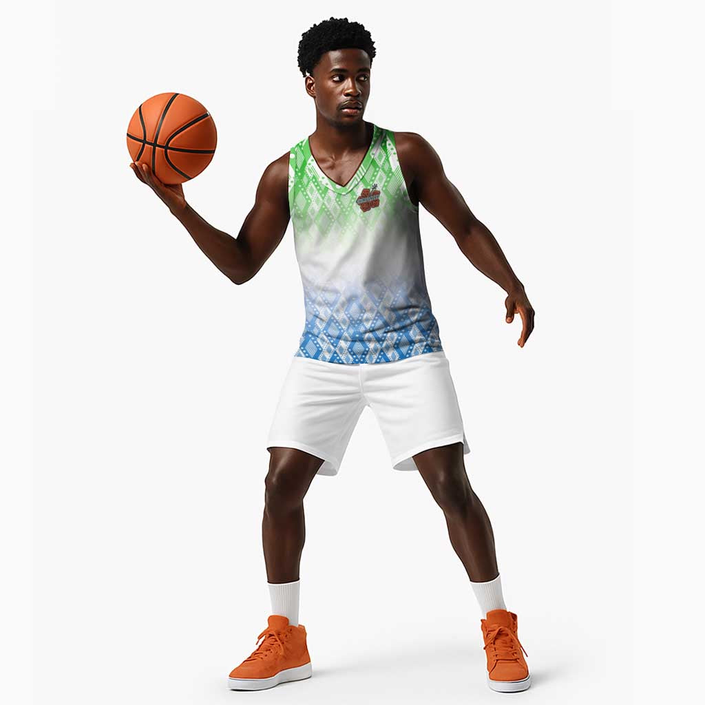 Sierra Leone Basketball Jersey - Tribal Chimpanzee Design and Green Blue Gradient Pattern - African Pride