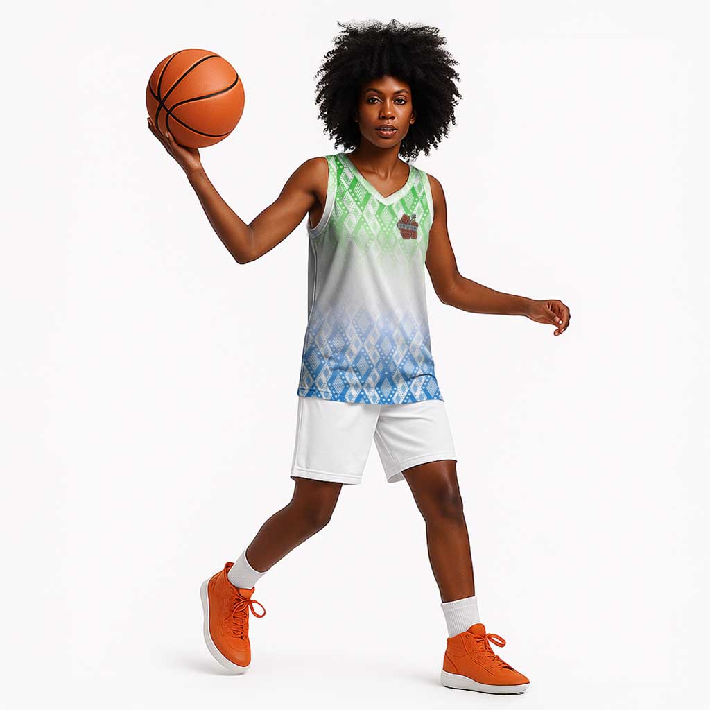 Sierra Leone Basketball Jersey - Tribal Chimpanzee Design and Green Blue Gradient Pattern - African Pride