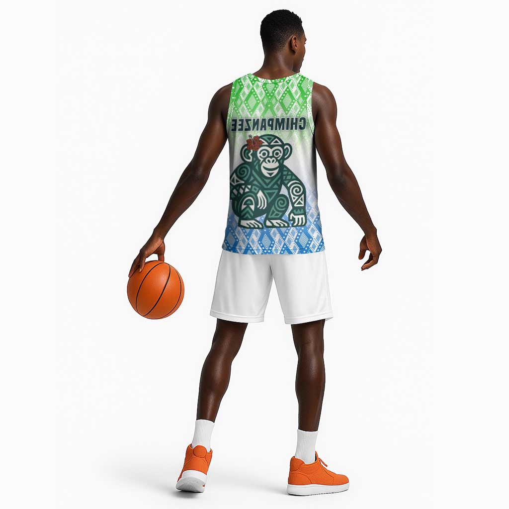 Sierra Leone Basketball Jersey - Tribal Chimpanzee Design and Green Blue Gradient Pattern - African Pride