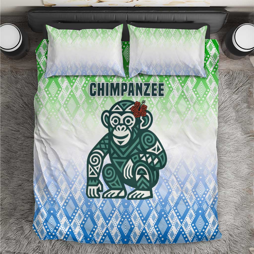 Sierra Leone Bedding Set - Tribal Chimpanzee Design and Green Blue Gradient Pattern