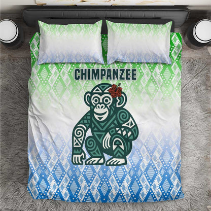 Sierra Leone Bedding Set - Tribal Chimpanzee Design and Green Blue Gradient Pattern