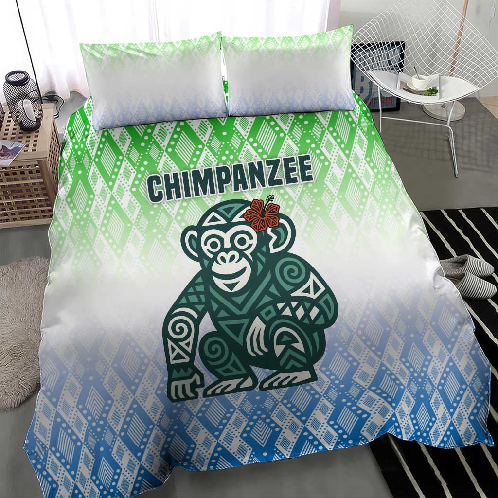 Sierra Leone Bedding Set - Tribal Chimpanzee Design and Green Blue Gradient Pattern