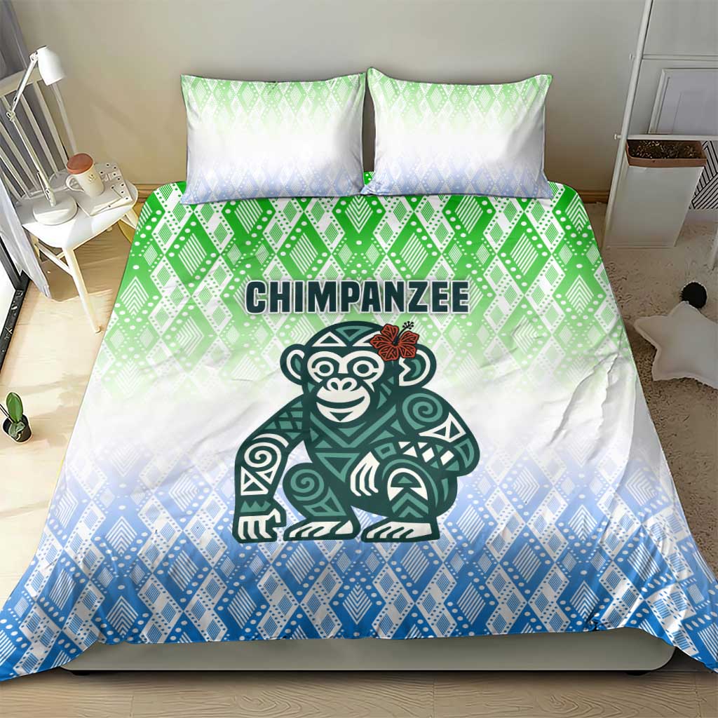 Sierra Leone Bedding Set - Tribal Chimpanzee Design and Green Blue Gradient Pattern