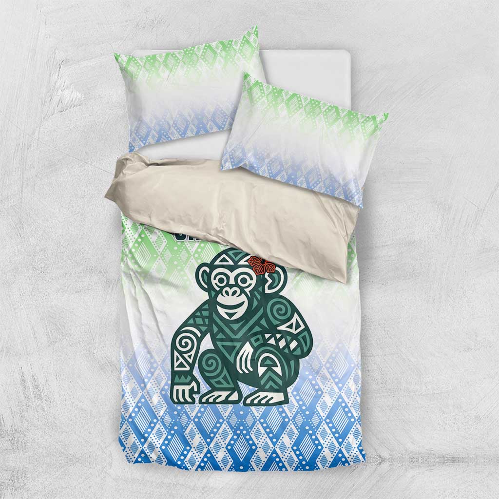 Sierra Leone Bedding Set - Tribal Chimpanzee Design and Green Blue Gradient Pattern