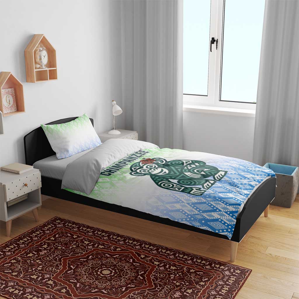 Sierra Leone Bedding Set - Tribal Chimpanzee Design and Green Blue Gradient Pattern