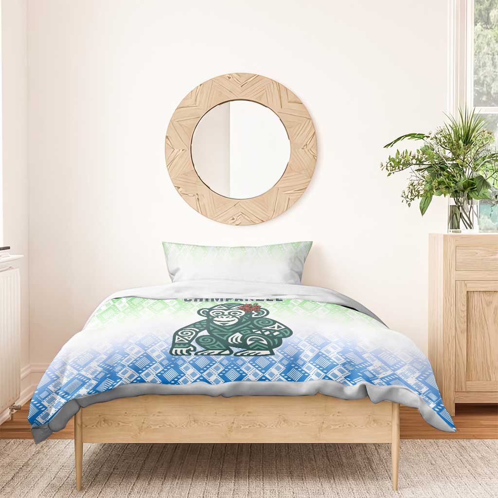 Sierra Leone Bedding Set - Tribal Chimpanzee Design and Green Blue Gradient Pattern