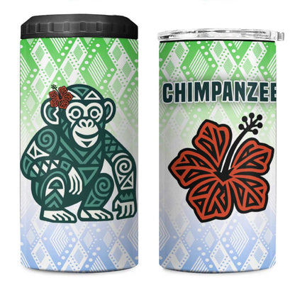 Sierra Leone 4 in 1 Can Cooler Tumbler - Tribal Chimpanzee Design and Green Blue Gradient Pattern