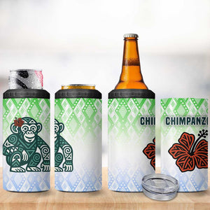 Sierra Leone 4 in 1 Can Cooler Tumbler - Tribal Chimpanzee Design and Green Blue Gradient Pattern