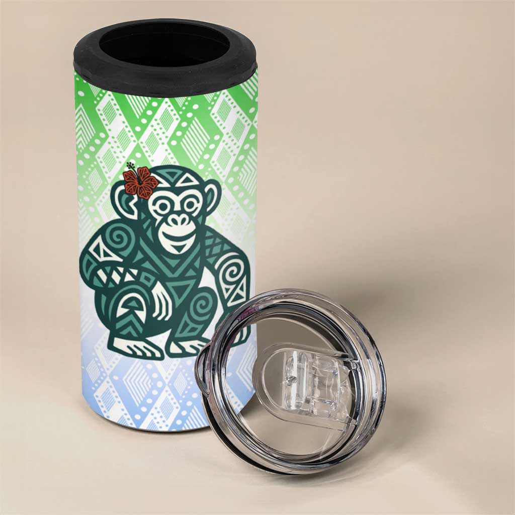 Sierra Leone 4 in 1 Can Cooler Tumbler - Tribal Chimpanzee Design and Green Blue Gradient Pattern