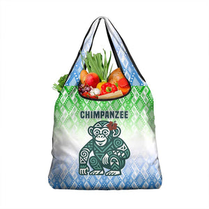 Sierra Leone Grocery Bag - Tribal Chimpanzee Design and Green Blue Gradient Pattern