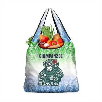 Sierra Leone Grocery Bag - Tribal Chimpanzee Design and Green Blue Gradient Pattern