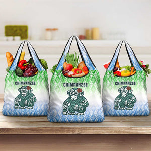 Sierra Leone Grocery Bag - Tribal Chimpanzee Design and Green Blue Gradient Pattern