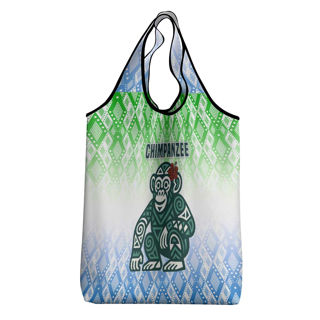 Sierra Leone Grocery Bag - Tribal Chimpanzee Design and Green Blue Gradient Pattern