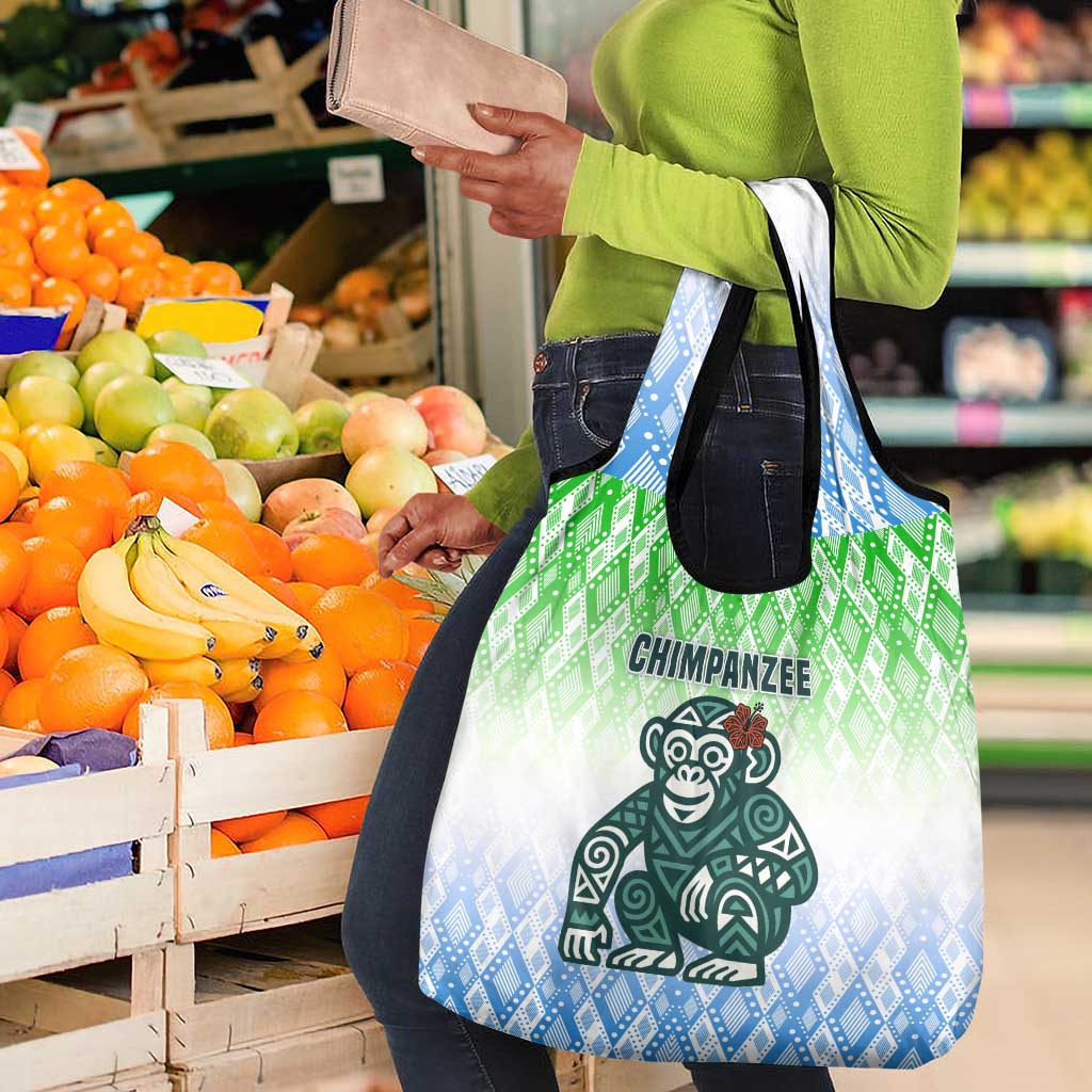 Sierra Leone Grocery Bag - Tribal Chimpanzee Design and Green Blue Gradient Pattern