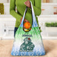 Sierra Leone Grocery Bag - Tribal Chimpanzee Design and Green Blue Gradient Pattern