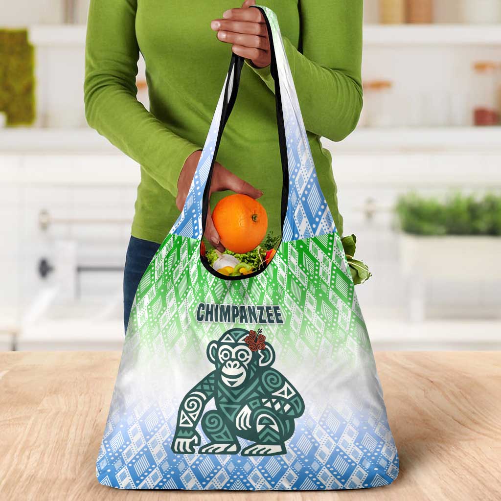 Sierra Leone Grocery Bag - Tribal Chimpanzee Design and Green Blue Gradient Pattern