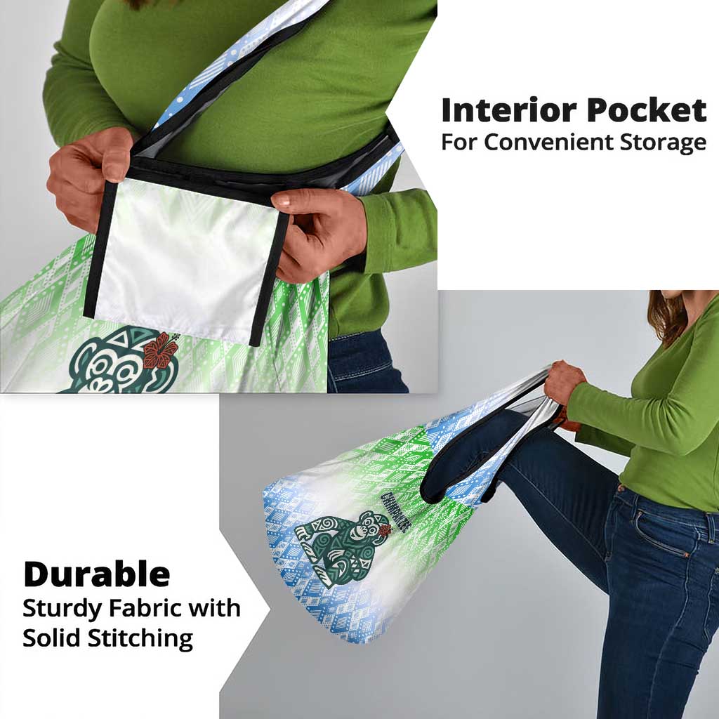 Sierra Leone Grocery Bag - Tribal Chimpanzee Design and Green Blue Gradient Pattern
