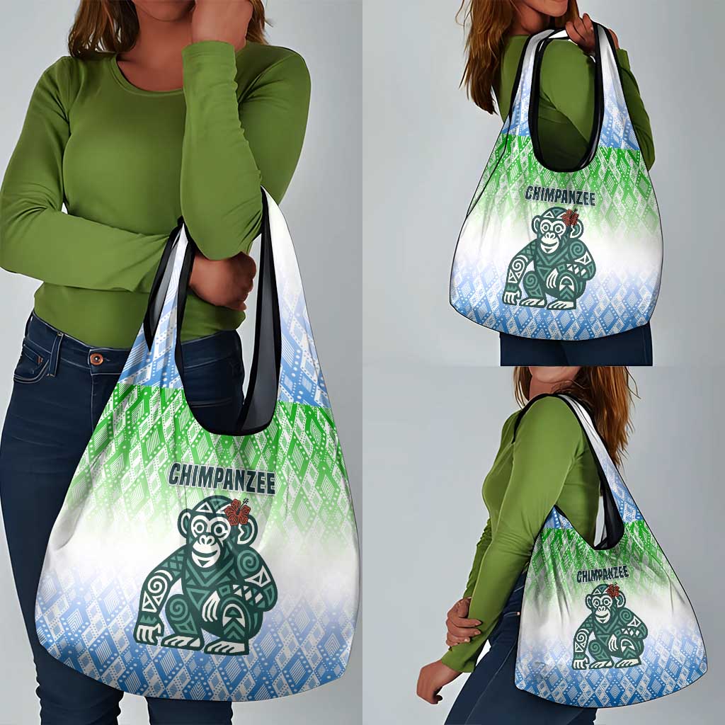 Sierra Leone Grocery Bag - Tribal Chimpanzee Design and Green Blue Gradient Pattern