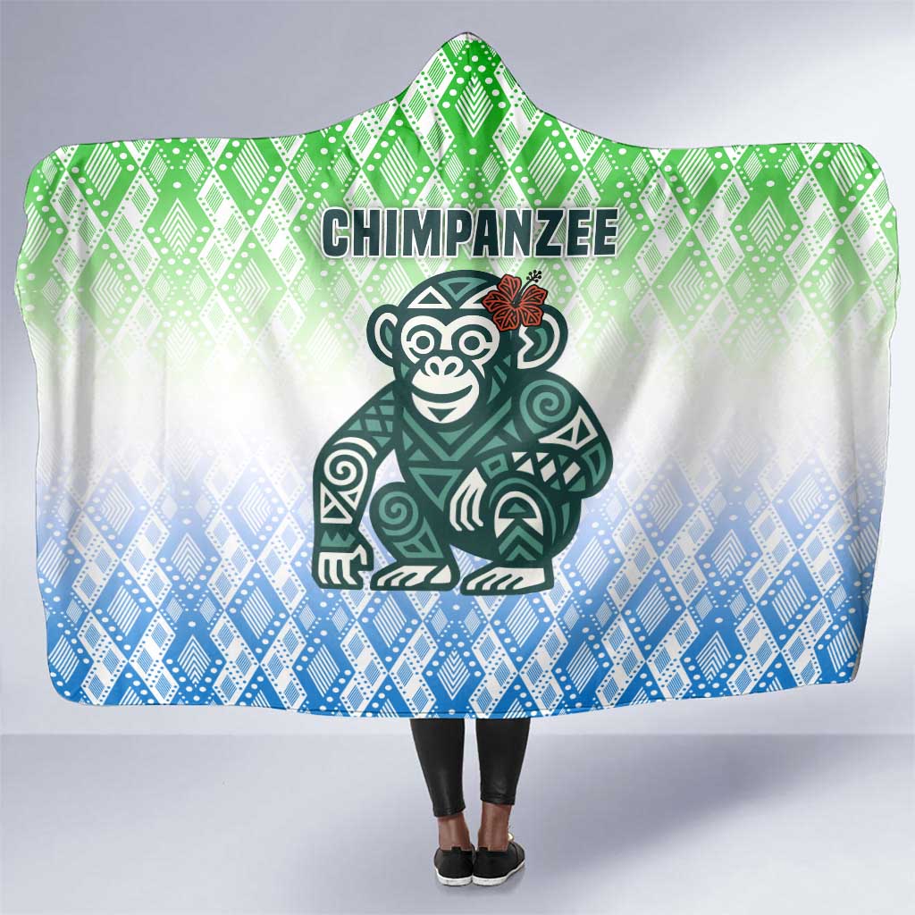 Sierra Leone Hooded Blanket - Tribal Chimpanzee Design and Green Blue Gradient Pattern