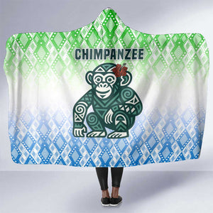Sierra Leone Hooded Blanket - Tribal Chimpanzee Design and Green Blue Gradient Pattern