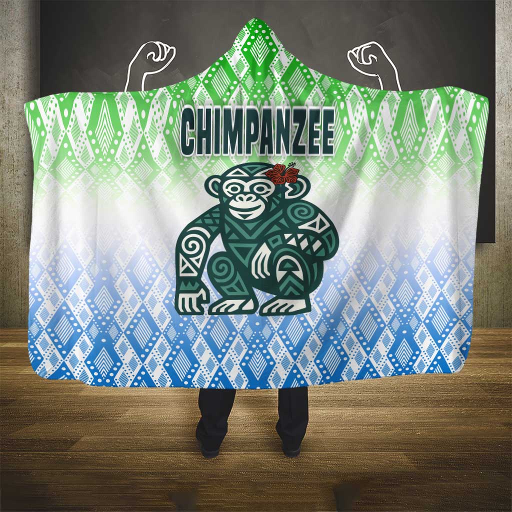 Sierra Leone Hooded Blanket - Tribal Chimpanzee Design and Green Blue Gradient Pattern