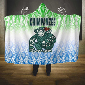 Sierra Leone Hooded Blanket - Tribal Chimpanzee Design and Green Blue Gradient Pattern