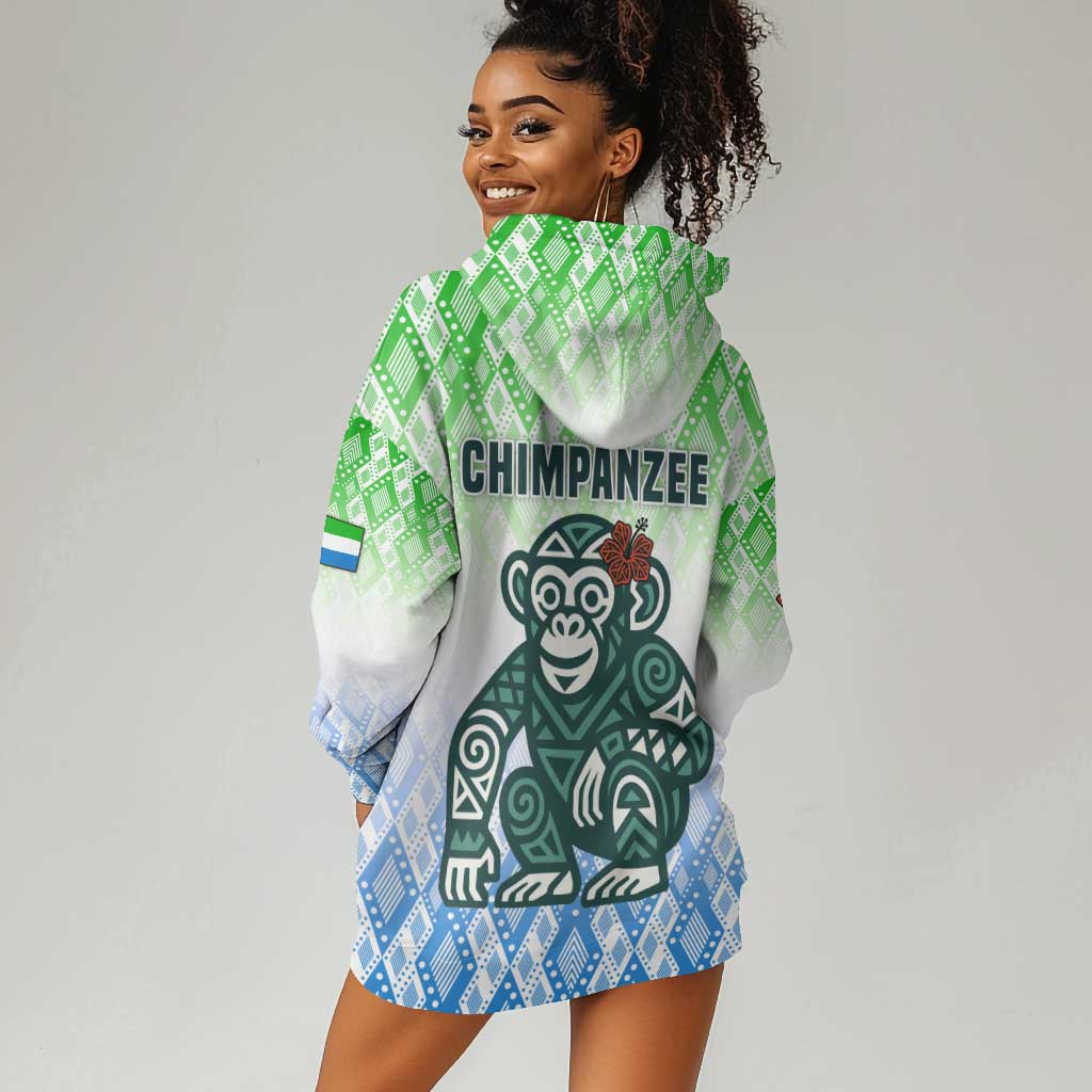 Sierra Leone Hoodie Dress - Tribal Chimpanzee Design and Green Blue Gradient Pattern
