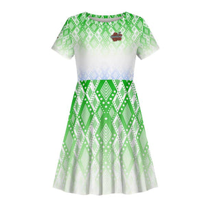 Sierra Leone Kid Short Sleeve Dress - Tribal Chimpanzee Design and Green Blue Gradient Pattern