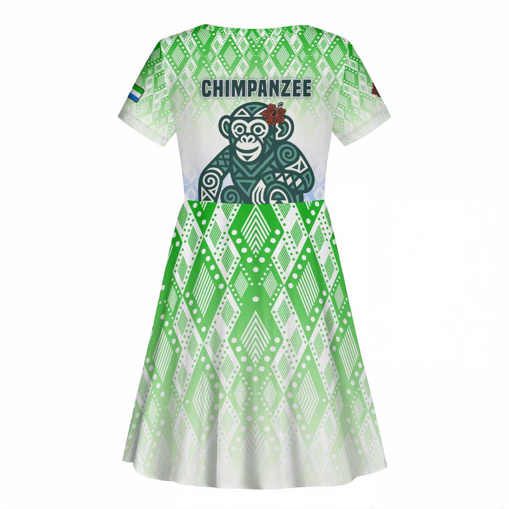 Sierra Leone Kid Short Sleeve Dress - Tribal Chimpanzee Design and Green Blue Gradient Pattern
