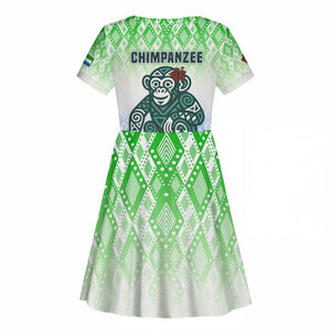 Sierra Leone Kid Short Sleeve Dress - Tribal Chimpanzee Design and Green Blue Gradient Pattern