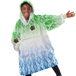 Sierra Leone Kid Wearable Blanket Hoodie - Tribal Chimpanzee Design and Green Blue Gradient Pattern