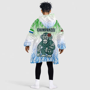 Sierra Leone Kid Wearable Blanket Hoodie - Tribal Chimpanzee Design and Green Blue Gradient Pattern