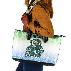 Sierra Leone Leather Tote Bag - Tribal Chimpanzee Design and Green Blue Gradient Pattern