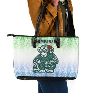 Sierra Leone Leather Tote Bag - Tribal Chimpanzee Design and Green Blue Gradient Pattern