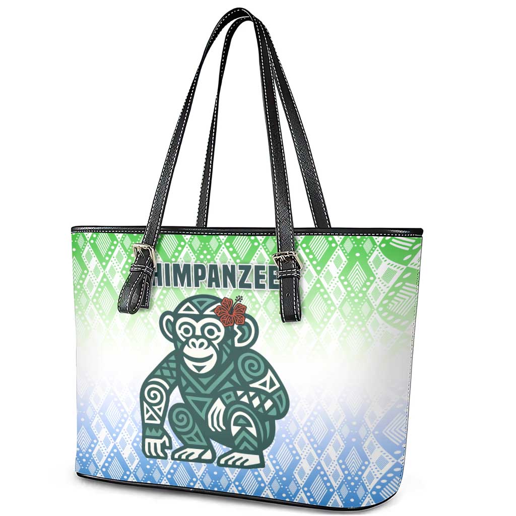 Sierra Leone Leather Tote Bag - Tribal Chimpanzee Design and Green Blue Gradient Pattern