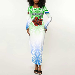 Sierra Leone Long Sleeve Bodycon Dress - Tribal Chimpanzee Design and Green Blue Gradient Pattern