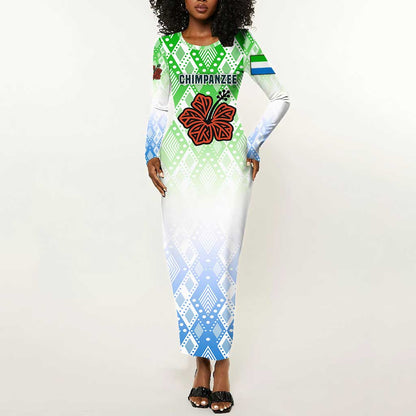 Sierra Leone Long Sleeve Bodycon Dress - Tribal Chimpanzee Design and Green Blue Gradient Pattern