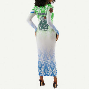 Sierra Leone Long Sleeve Bodycon Dress - Tribal Chimpanzee Design and Green Blue Gradient Pattern