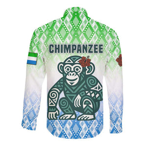 Sierra Leone Long Sleeve Button Shirt - Tribal Chimpanzee Design and Green Blue Gradient Pattern