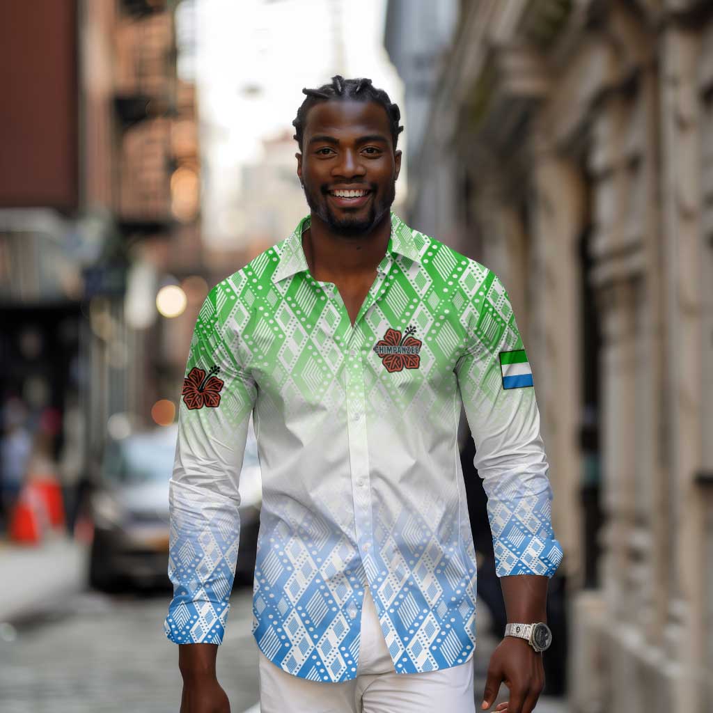 Sierra Leone Long Sleeve Button Shirt - Tribal Chimpanzee Design and Green Blue Gradient Pattern