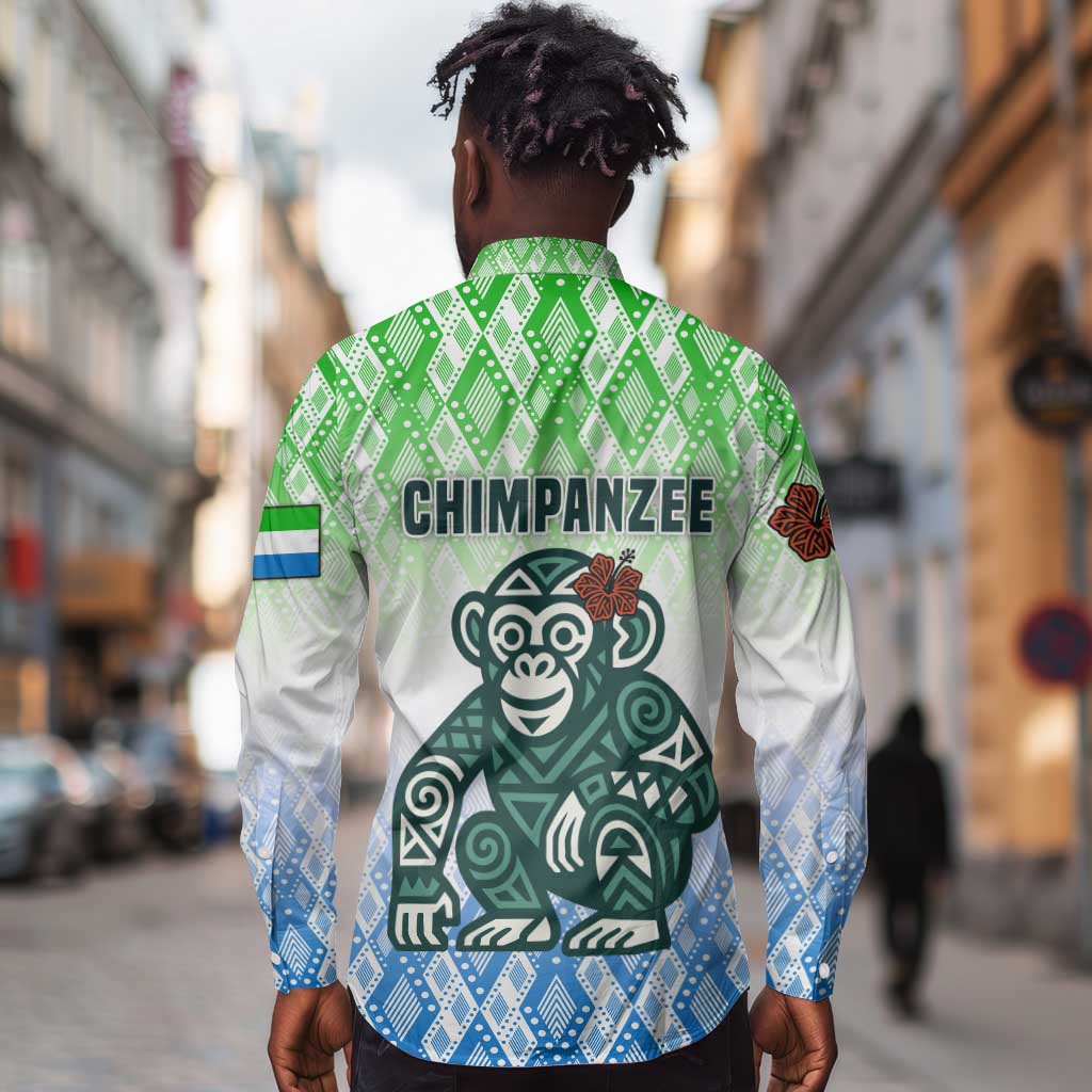 Sierra Leone Long Sleeve Button Shirt - Tribal Chimpanzee Design and Green Blue Gradient Pattern