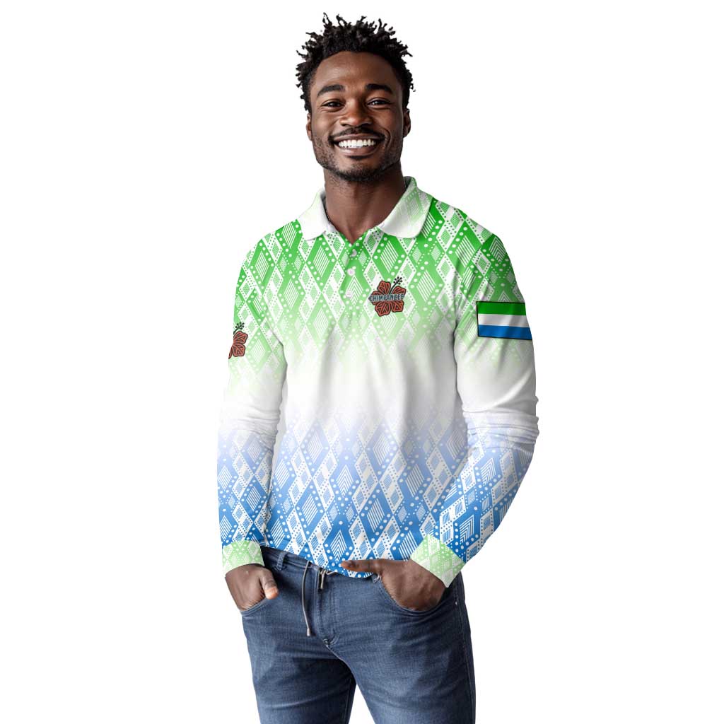 Sierra Leone Long Sleeve Polo Shirt - Tribal Chimpanzee Design and Green Blue Gradient Pattern