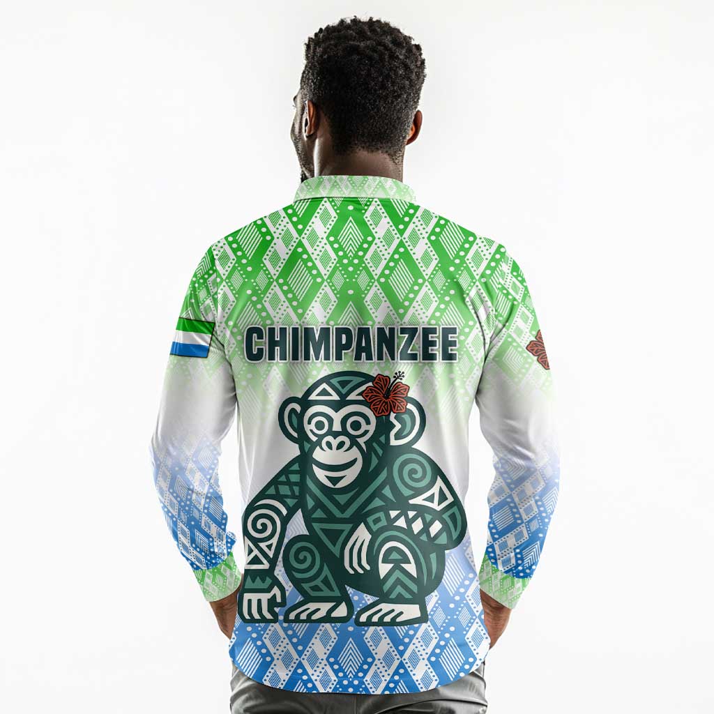 Sierra Leone Long Sleeve Polo Shirt - Tribal Chimpanzee Design and Green Blue Gradient Pattern